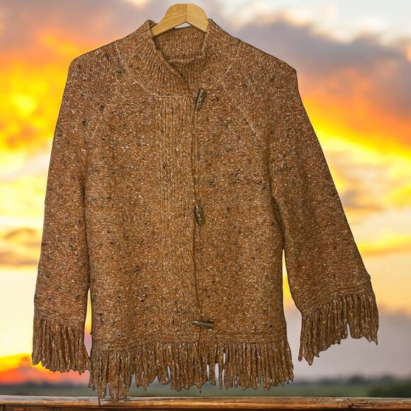Ruby Rd. Women’s Orange Speckled Fringed Knit Cardigan - Size Medium - Picture 1 of 7